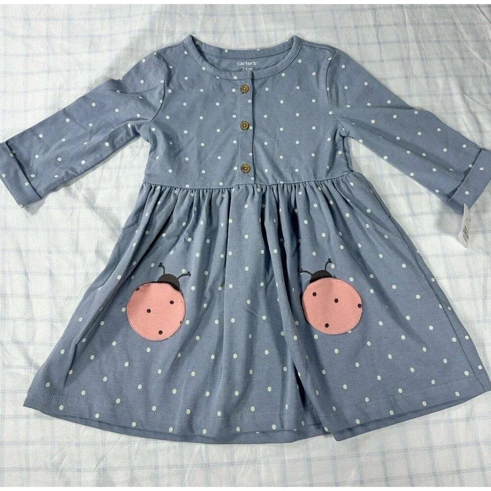 Carter's Baby Girl Blue Polka Dot Ladybug Dress – Size 24M – Long Sleeve – NWT